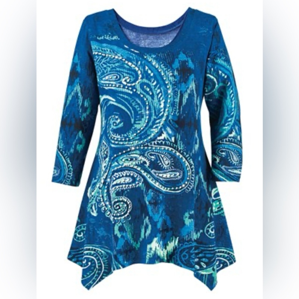 Collections Etc. Beautiful Blue Paisley Watercolor Design Casual Tunic Large